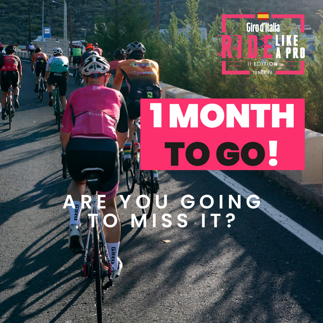 ¡1 mes para Ride Like a Pro Tenerife!😱
Con tu inscripción, no sólo conseguirás 2 días de puro ciclismo, podrás rodar con ciclistas pros como Nibali o Juanpe López y disfrutar de una fiesta al atardecer en el RoofTop del Hotel Mynd, ¡no te lo pienses más e inscríbete ya!💥