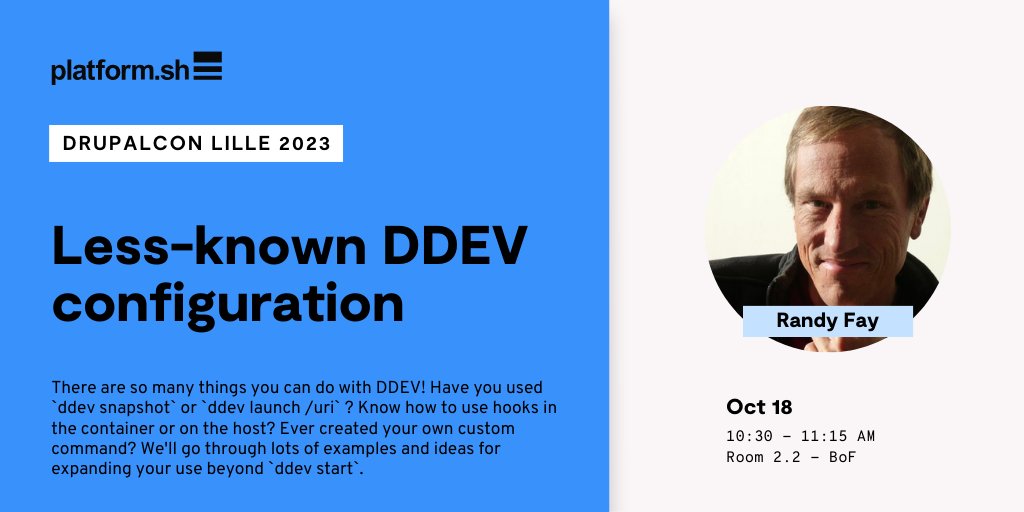 Join me this morning for #DDEV less-known configuration at 10:30am at @DrupalConEur - We'll talk about some of the more important things to find in that huge config page, and what they mean to you. Bring questions! #platformsh