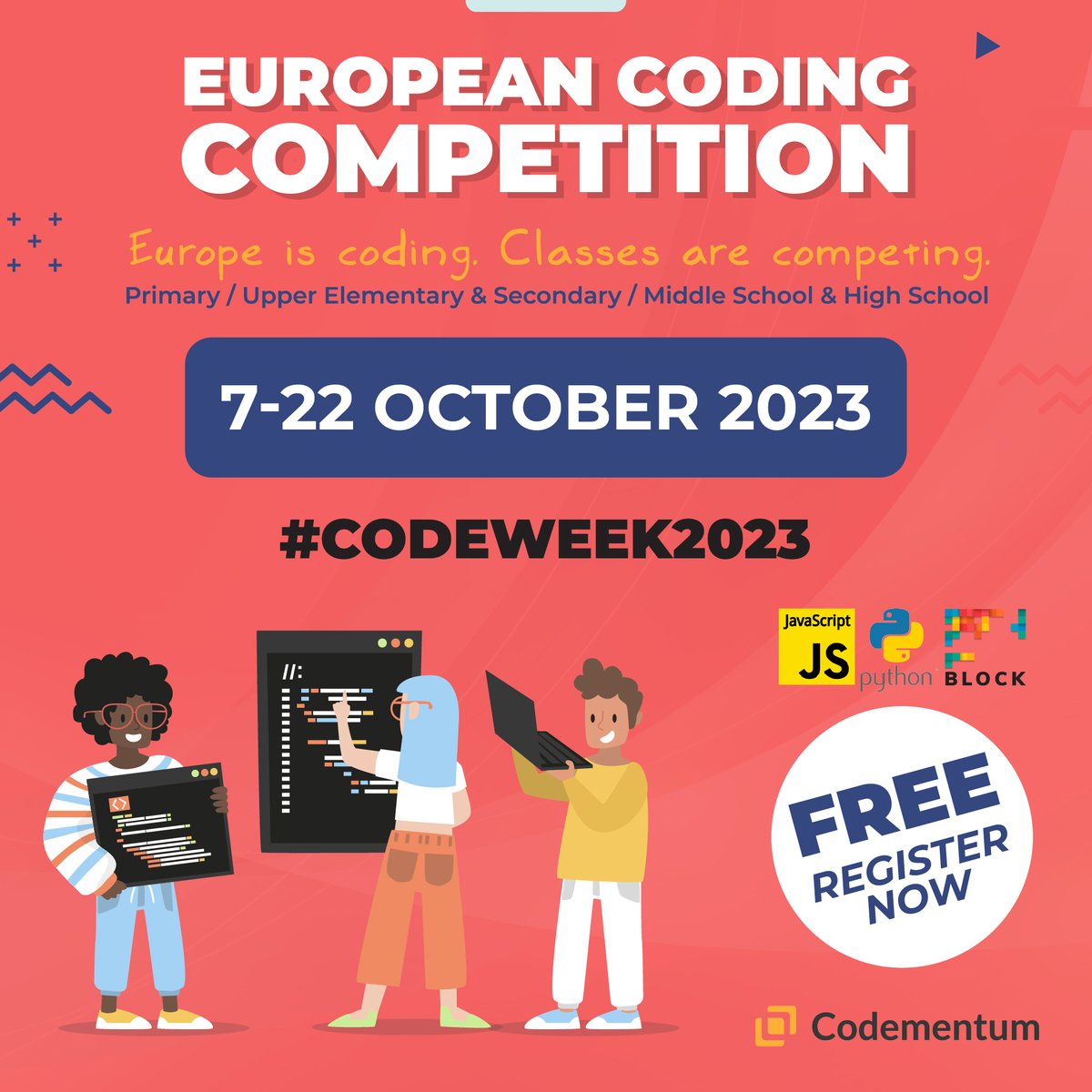 Codementum (@codementum1) on Twitter photo Final days for the European Coding Competition.
Hurry up!
The #Coding #Competition continues with all its excitement. Take your place in this fun and award-winning adventure with your school.
Join now: codementum.com/codeweek
<a href="/CodeWeekEU/">EU Code Week</a> #CodeWeek #Python #Javascript #EU #k12 Final days for the European Coding Competition.
Hurry up!
The #Coding #Competition continues with all its excitement. Take your place in this fun and award-winning adventure with your school.
Join now: codementum.com/codeweek
<a href="/CodeWeekEU/">EU Code Week</a> #CodeWeek #Python #Javascript #EU #k12