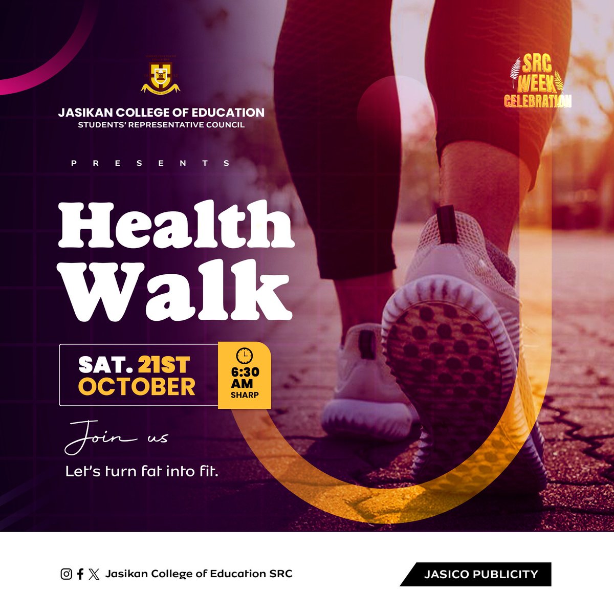 🚶‍♀️🚶‍♂️ Join us for the JASICO Health Walk on October 21st! 🌿

📆 Date: October 21, [2023]
🕒 Time: 6:30 am
📍 Location: JASICO CAMPUS

Ready to embrace a healthier lifestyle? Lace up your sneakers and get ready to walk with us on the JASICO Health Walk!..

Kudus || #Blackstars |