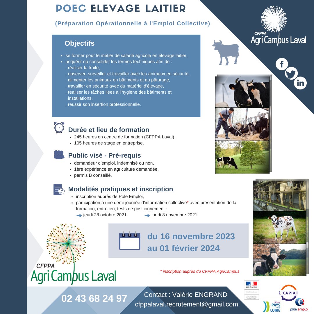 Le CFPPA AgriCampus Laval propose aux demandeurs d'emploi une #formation de 350 heures pour travailler comme salarié(e) en #élevage #laitier. Renseignements au 02 43 68 24 97