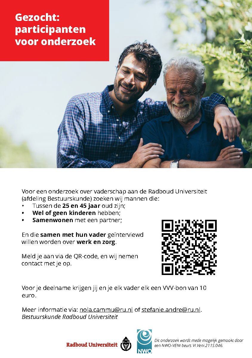 stefanieandre's tweet image. #delen #vaderschap #onderzoek #werving 

Wij onderzoeken vaderschap en rolmodellen voor vaderschap. We zijn  heel benieuwd wie voor jou rolmodellen zijn of je nou zelf al  (groot)vader bent of niet. Help je ons met ons onderzoek? Je kunt contact zoeken via de QR code of mail