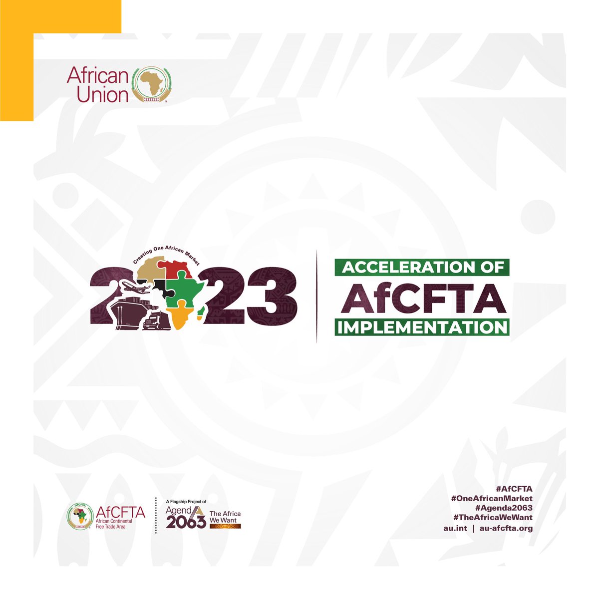 THEME OF THE YEAR 2023 “ACCELERATION OF AFCFTA IMPLEMENTATION” Let's unite to boost trade, break barriers, and drive Africa's economic integration through the African Continental Free Trade Area Learn more on ow.ly/TcKI50PXWgH #AfCFTA #OneAfricanMarket