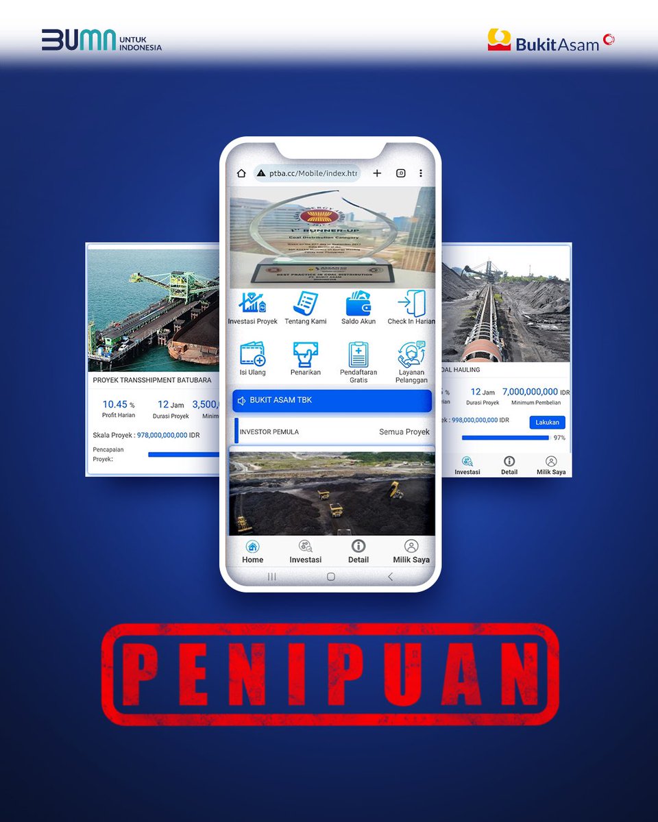 TemanKita, Bukit Asam tidak pernah menawarkan investasi proyek melalui website ptba.cc/mobile/index.h… maupun domain lainnya.