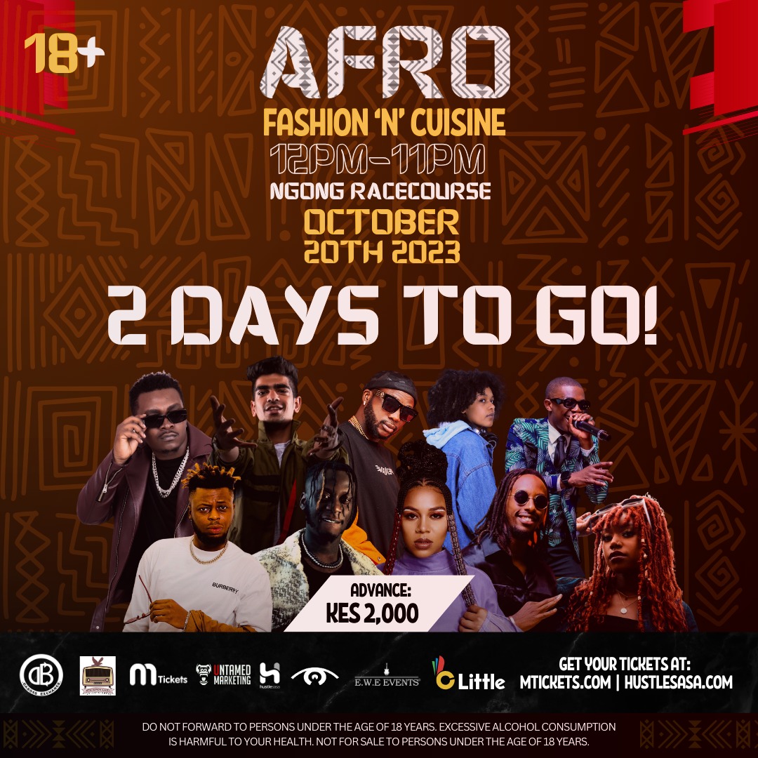 Harrambehke's tweet photo. T-2 days TO GO
VIBES LOADING
Head onto @hustlesasa or @mticketsevents_ NOW to get your tickets
#AfroFashionNCuisine #Fashion #Music #Cuisine #UntamedMarketing #MashujaaDay #Africa #Nairobi #AfricanHeritage https://t.co/4d2SVCXzHg