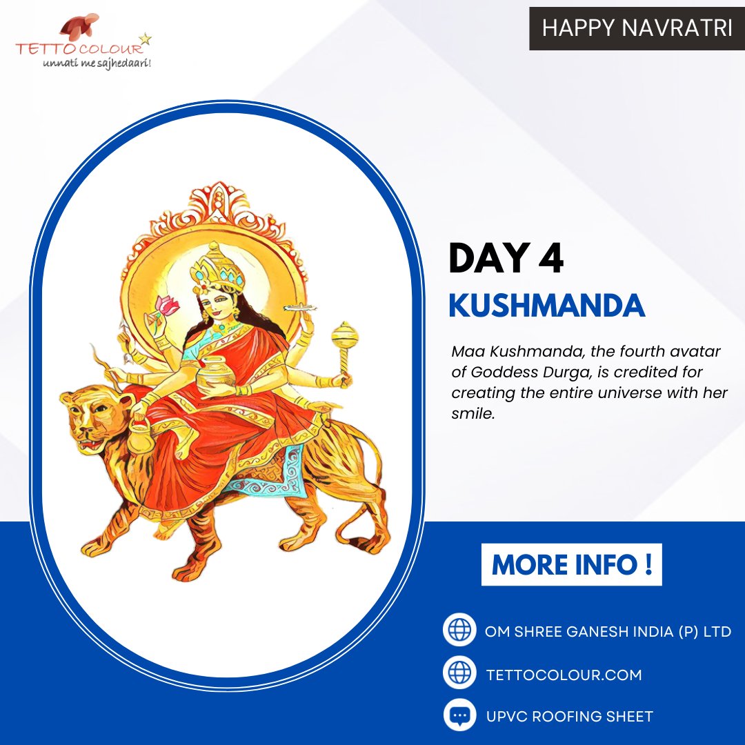 ColourTetto's tweet photo. May Maa Kushmanda bestow upon you the power to create and nurture abundance in your life. Happy Navratri Day 4!

#tettocolour #maakushmanda #fire #resistant #metalsheet #happynavratri #navratri #roof #chaitra #navratri2023 #celebration https://t.co/vXWcryjM72