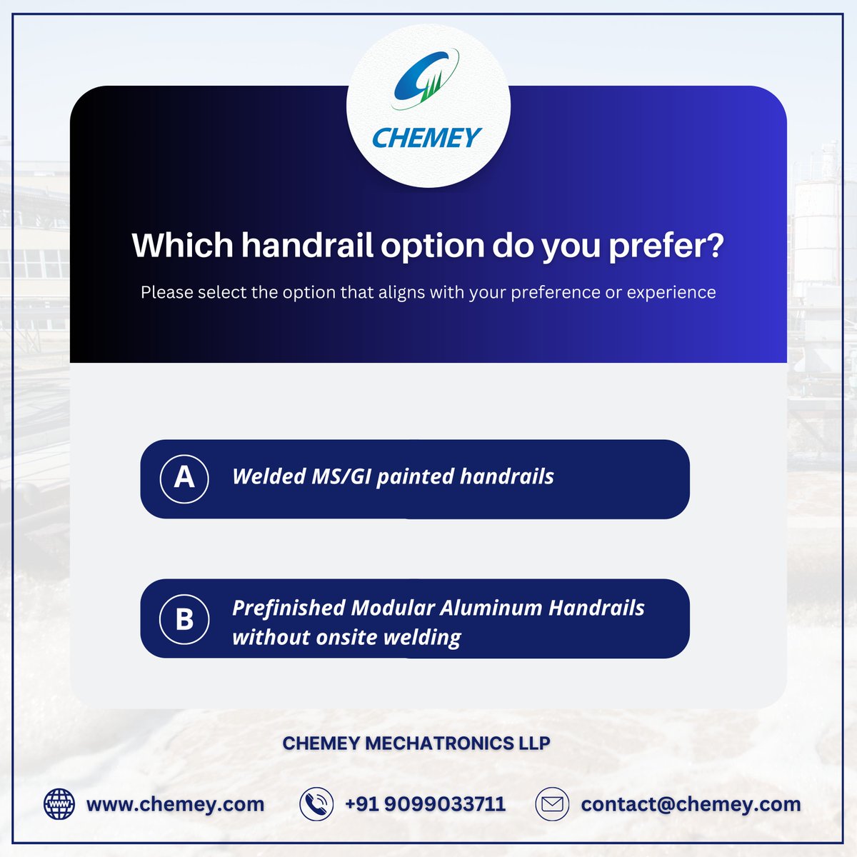 Chemeyindia's tweet image. Please select the option that aligns with your preference or experience.

#Opinionpoll #handrails #AluminumHandrails #ModularHandrails