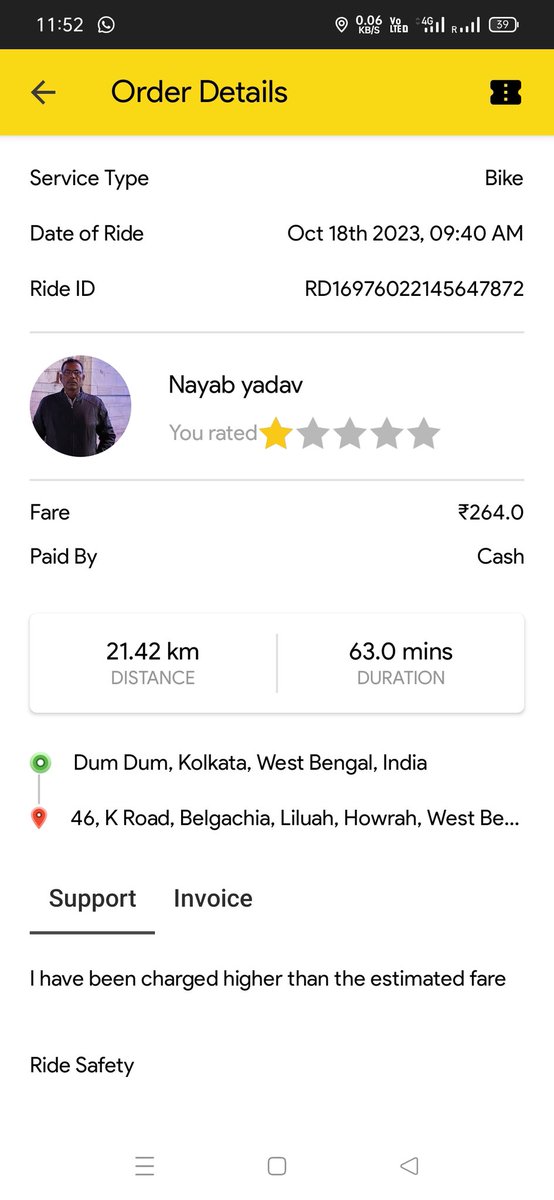 DassDiptayan's tweet photo. Today I booked a #rapido for my way home from Kolkata airport. The actual amount was showing in ₹ 264/-, but after I gave my OTP to the rider he demanded ₹ 350/- for the same ride. When I denied he started to shout and used unprofessional language. Ultimately he took ₹ 310/-. https://t.co/VRaeJeIfkk