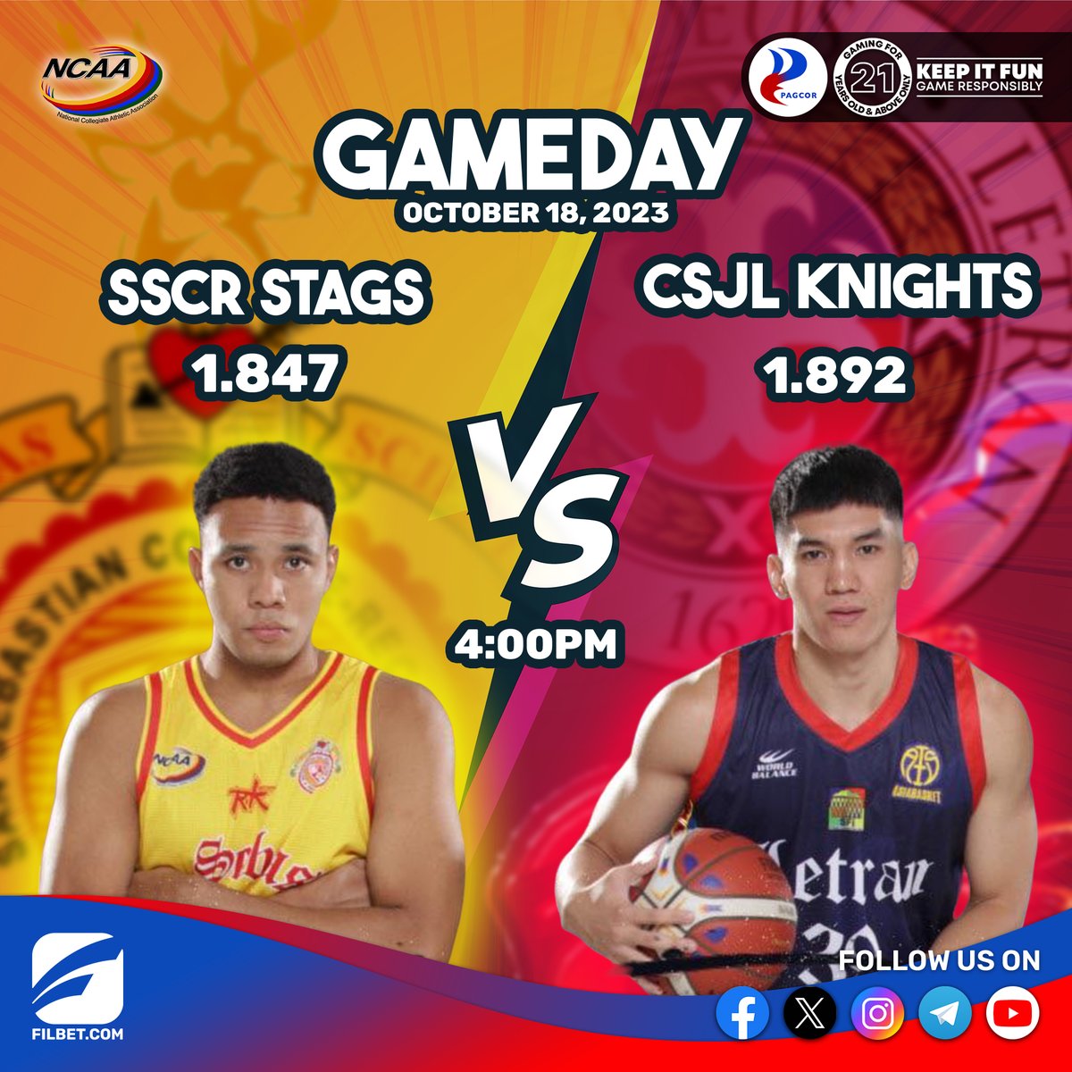Filbet_ph's tweet image. The CSJL Knights vs SSCR Stags on NCAASEASON99 today October 18,2023 at 4:00 pm. Which team you are you? Show your support by placing your bets on FIlbet.com 

Click the link to register and Get Free P50: filbet.com/register?promo…

#Sportsbetting  #FastTransaction