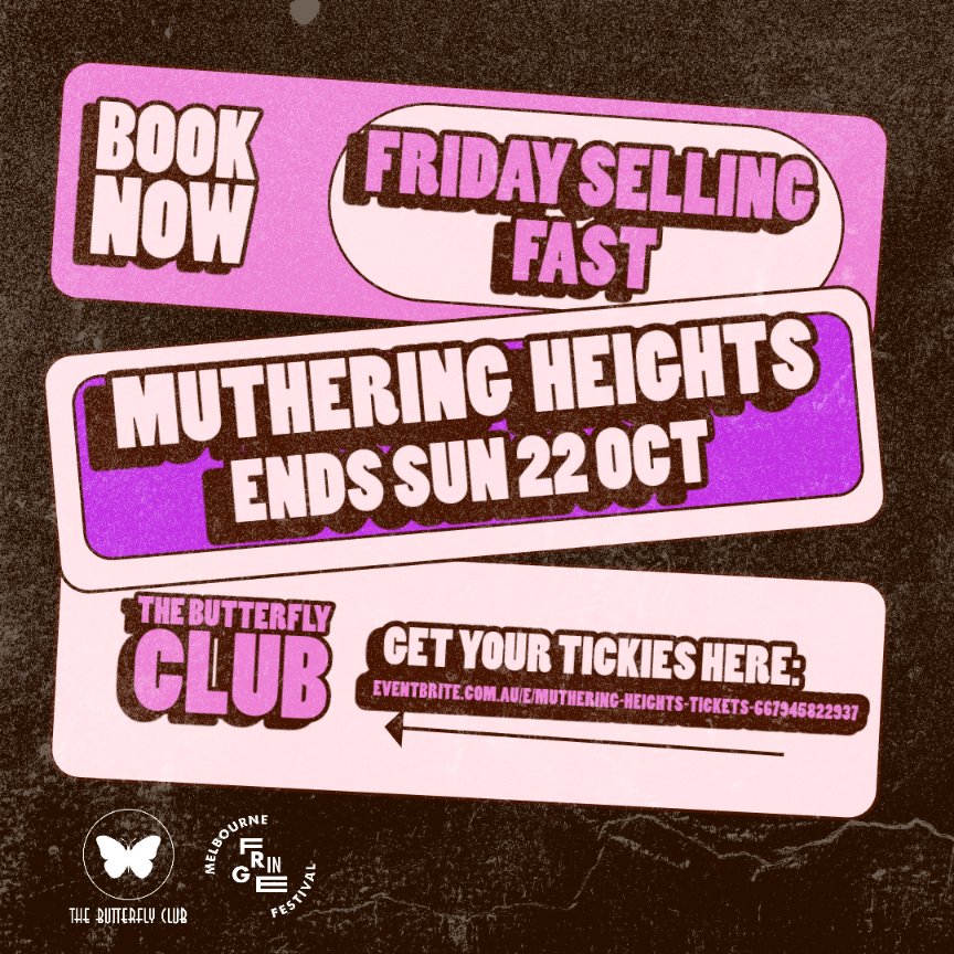 Tickets for Friday are SELLING FAST! Don't miss out!

Otherwise, we've still got tickets left for tonight's show at 5:30pm (plus Thu, Sat, &amp; heaps on Sun (passholders encouraged)).

eventbrite.com.au/e/muthering-he…

#melbournefringe #melbournefringefestival #melbournecomedy