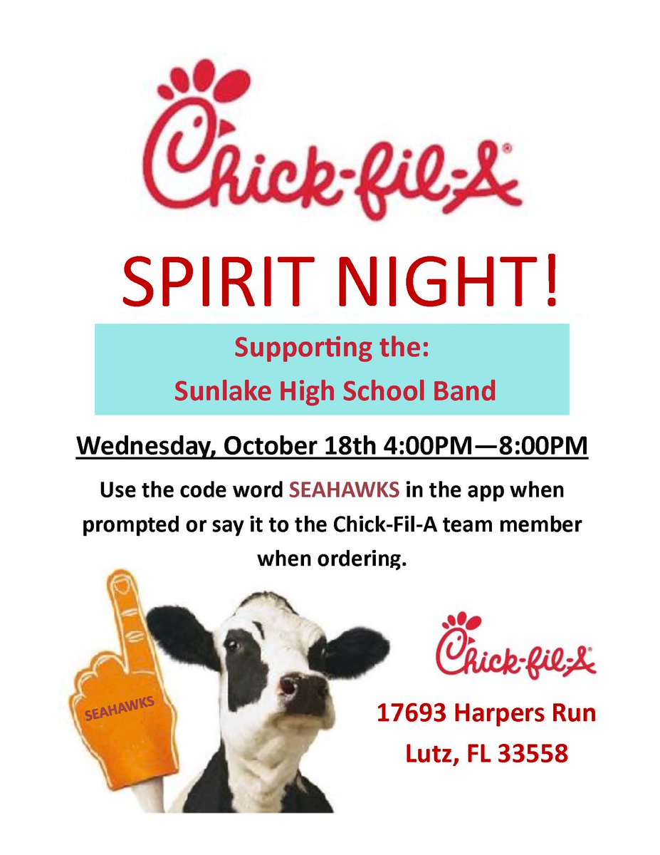 DPCassels's tweet photo. Two big events for the @SunlakeBand this week. We have our monthly Spirit Night at Chick-Fil-A on Wednesday (10/18) and the Guard's thrift sale on Saturday (10/21).  

If you have items that you've been wanting donate, bring them by the bandroom on 10/18 from 3-6P. @slhsprincipal https://t.co/Oa0wPoPFyN