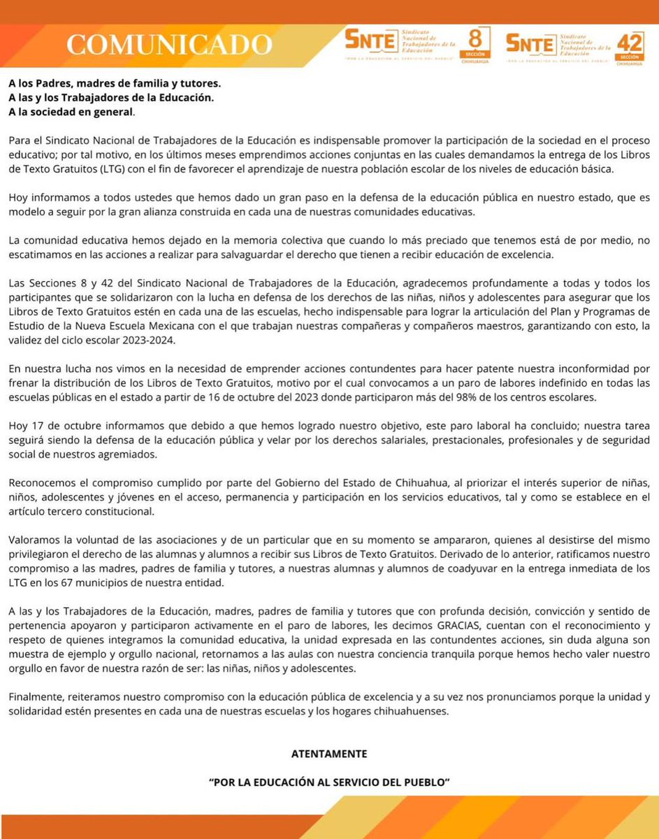 ZendejasSNTE8's tweet photo. 🟠 COMUNICADO | Informamos a todas y todos ustedes hemos dado un gran paso en la defensa de la educación pública de nuestro estado.
#OrgulloSNTE
#SNTE
#SECCIÓN8
#TanGrandesComoChihuahua https://t.co/3GCzZ8HfTt