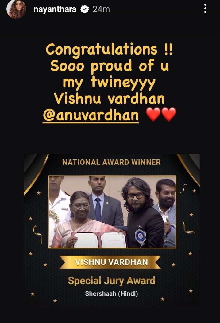#Nayanthara congratulated @ActorMadhavan sir,director Vishnuvardhan & Anuvardhan for National award via insta story