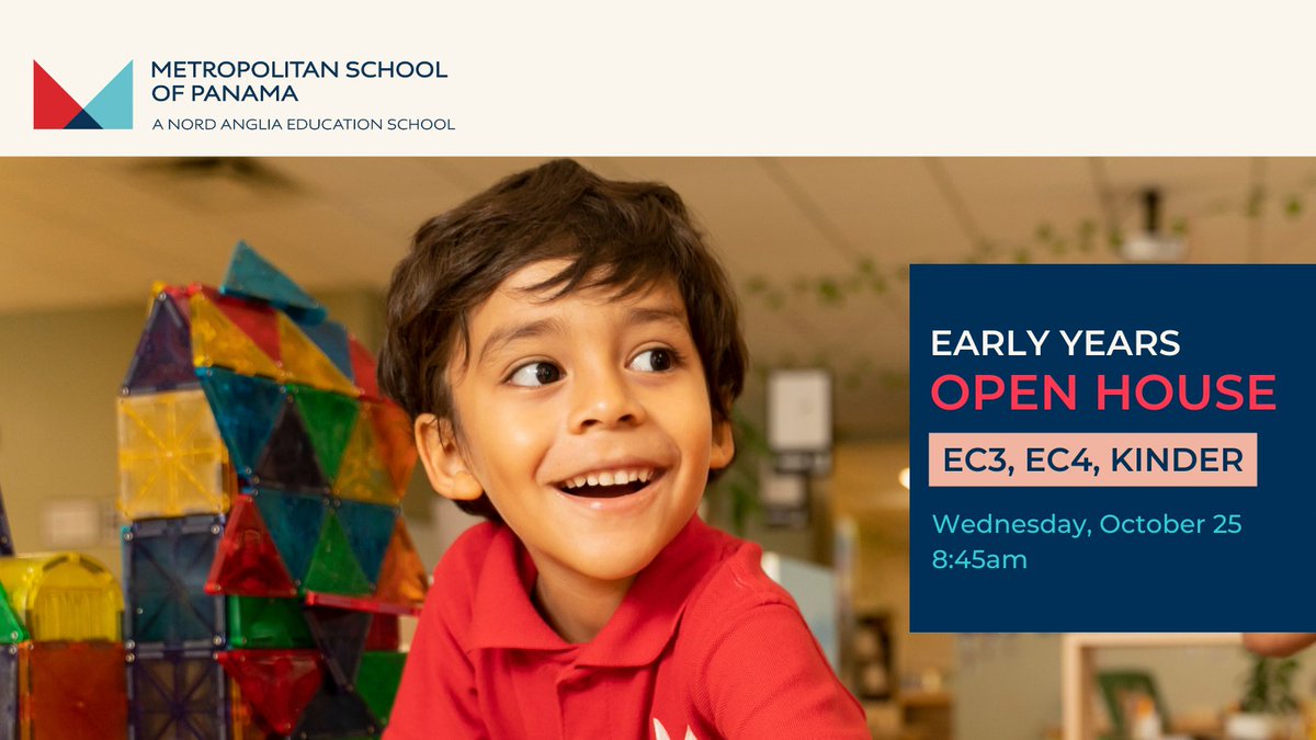 METSchoolPanama's tweet image. Join us for our Early Childhood Open House on Wednesday, October 25 at 8:45 a.m.
Meet our teachers, take a school tour, and see first-hand what a MET education can offer your child.
Register now - bit.ly/MET_ECOpenHouse
#METSchoolPanama #NordAngliaEducation #OpenHouse