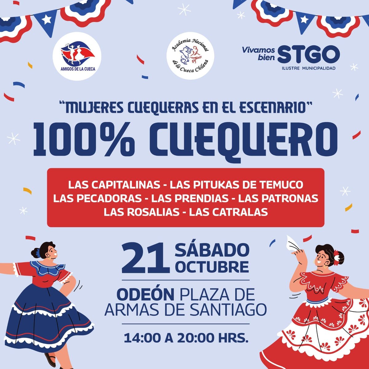 CuecaAnacuchi's tweet photo. @DiarioLaHora @latercera se viene una gran fiesta en plaza de armas de Santiago, sabado 21 de octubre desde las 14 hrs, las mejores exponentes femeninas de la cueca chilena. Los esperamos https://t.co/jnK90U98eY