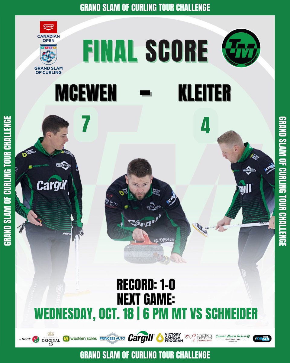 STARTING OFF WITH A WIN ✅

NEXT GAME ⬇️
📆 Wednesday, Oct. 18
⏰ 6 pm MT
🆚 Schneider
🌐 thegrandslamofcurling.com

#TeamMcEwen #GSOC