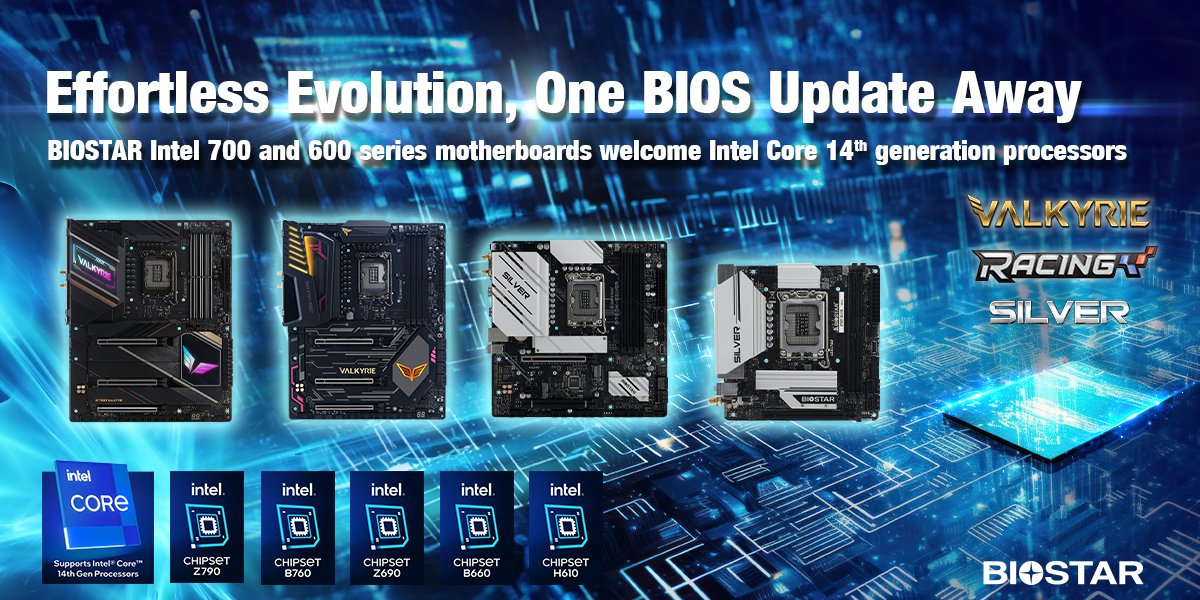 BIOSTAR_Global's tweet photo. 📨Great news for #BIOSTAR motherboard users❣️Our #VALKYRIE, #RACING, #SILVER, and Standard series boards now support the #Intel Core 14th Gen processors.
🦾Stay updated, stay ahead!
https://t.co/gurs6bqRcW
#IntelCore #Intel14thGenProcessor #PCUpgrade https://t.co/E9cwLkTd3g