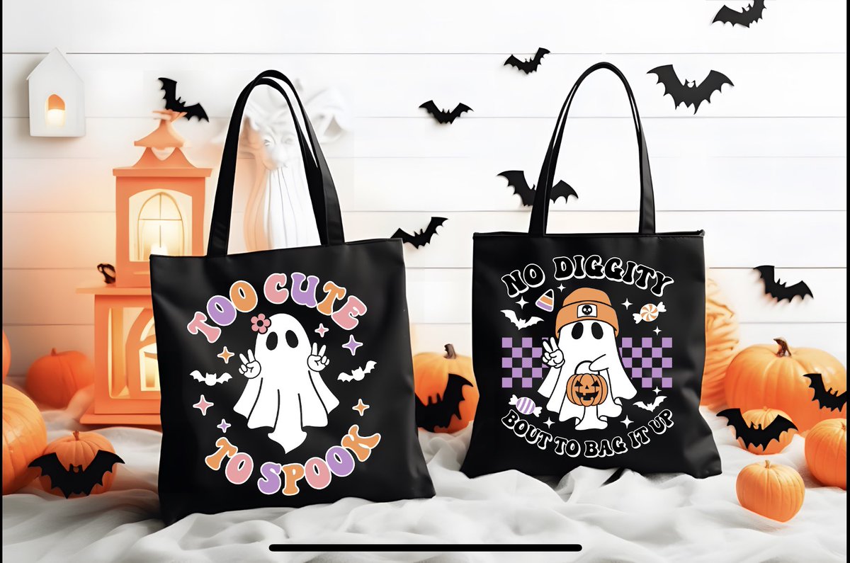 I’m making & selling Trick or Treat bags! Choose your design - 1) Spooky 2) Too Cute to Spook 3) No Diggity, Bout to Bag it Up White color = glow-in-the-dark. Size is 14.5” x 15.5”. $10 each. Name can be added for $2. Message me if you want one or have any questions!