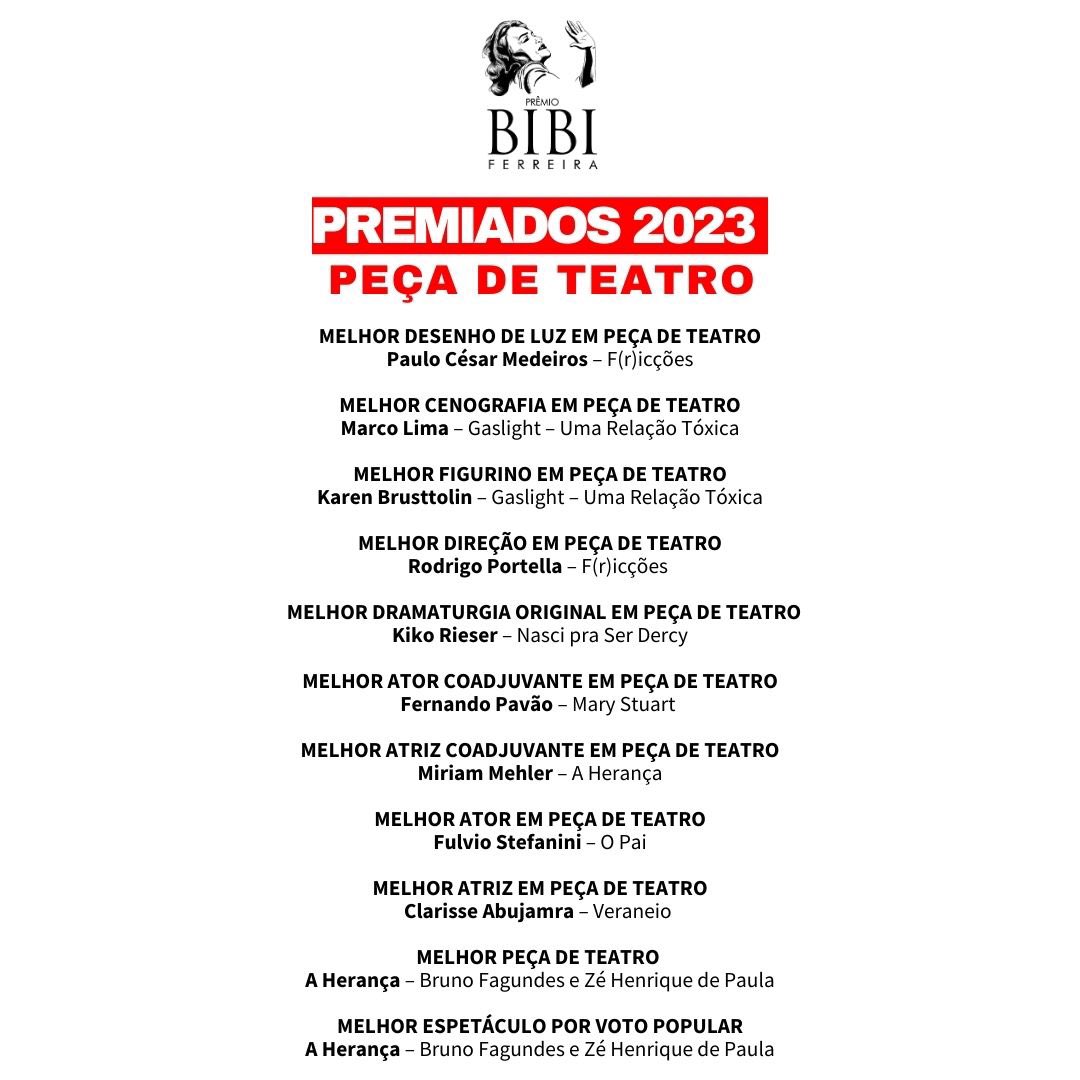 PremioBibi's tweet photo. Acompanharam o Prêmio Bibi Ferreira pelo YouTube? Esta é a lista dos premiados nas categorias Musicais e Peça de Teatro. 🏆🎭

#premiobibiferreira #premiobibi2023 #teatro #musical #teatrosantander #marcenariadecultura https://t.co/qOmpFmrPWh