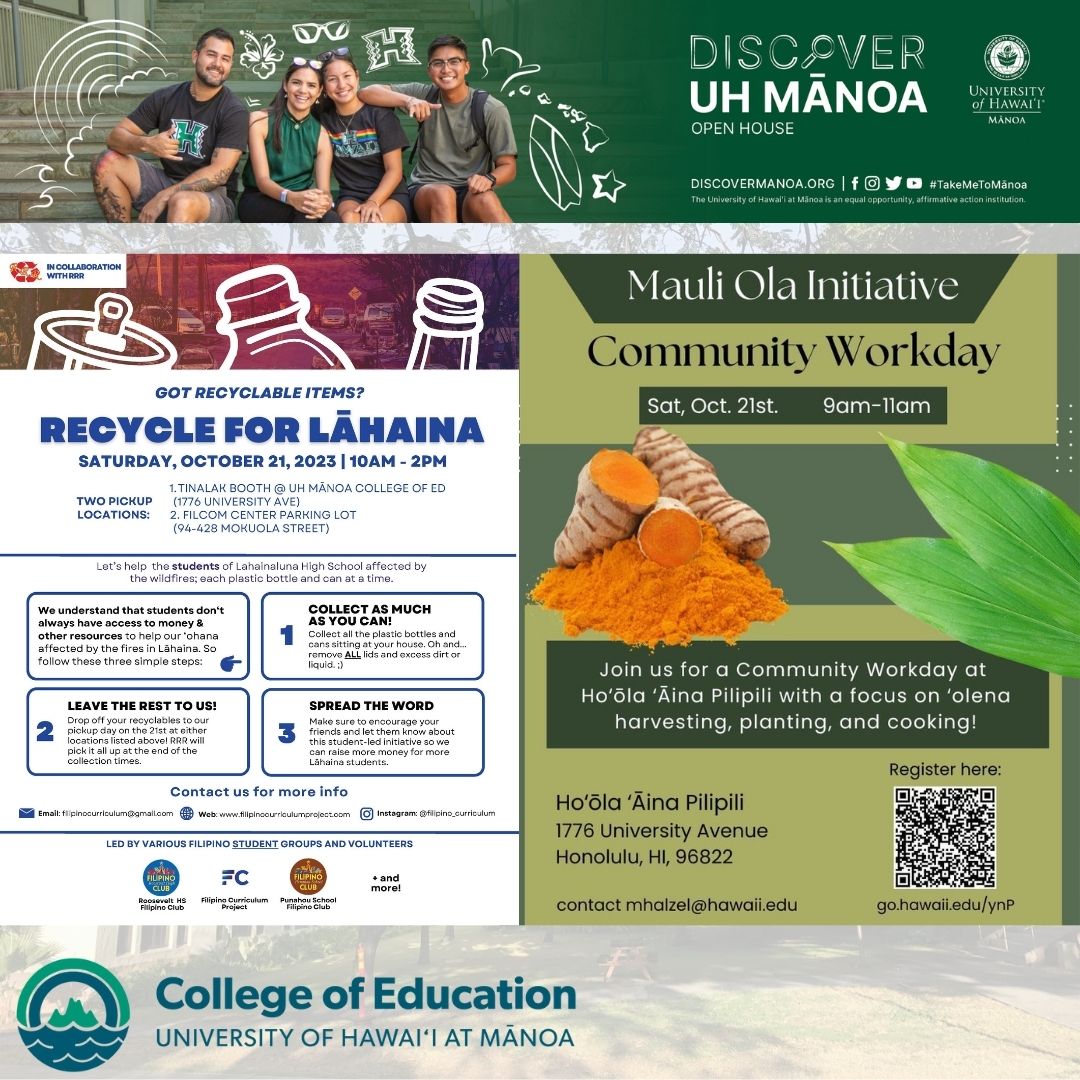 We are so excited for the Discover Mānoa Open House event (bit.ly/46zqm22) Sat. 10/21 from 10am - 2pm! We will be hosting tons of activities so stop by & visit us! This event is open to everyone & we look forward to seeing you there! @UHmanoa @UHmanoanews @HIDOE808