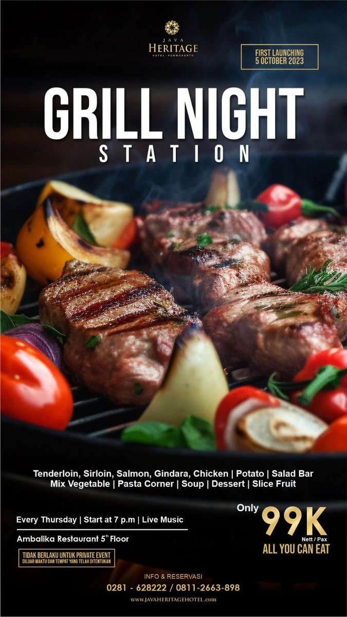JavaHeritagePWT's tweet photo. Siapa di sini yang suka banget nge-grill? Nih, MinJa kasih promo Grill Night Station All You Can Eat buat kamu pecinta makan sepuasnya. Only 99K, kamu dapat nge- grill bareng teman maupun keluarga dengan view yang indah di Ambalika Restaurant, 5th Floor Java Heritage Hotel 😱🥰 https://t.co/8CowJpkqXt