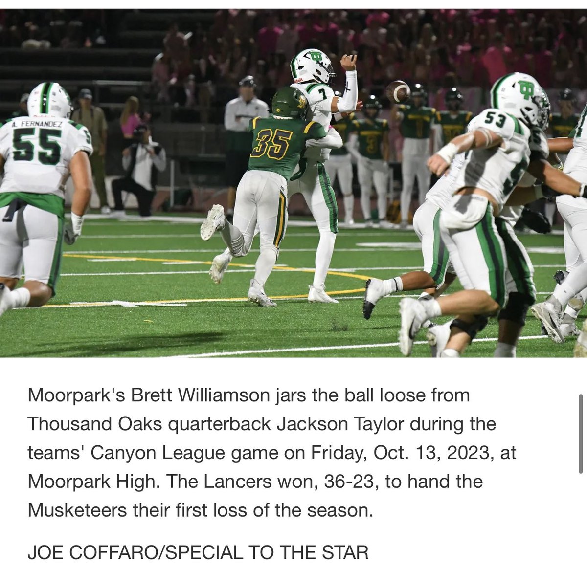 CoachDearborn's tweet photo. Defensive Stats in tough loss to Thousand Oaks. Was a good ole fashion high school football game with two tough programs. 
-1 Forced Fumble &amp; Recovery 
-5 TFLs
-4 sacks
-13 hurries 
#WeWillBeBack #ReturnOfTheDarkside #Moorpark https://t.co/ZfHcf6Ened