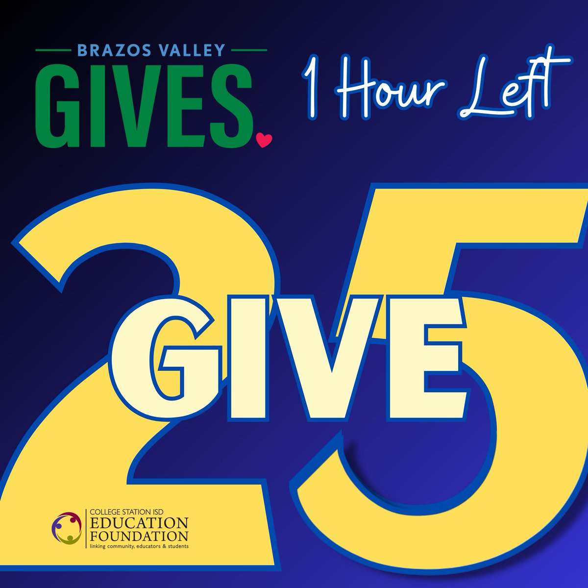 Give2Kids's tweet photo. ONE HOUR LEFT to GIVE 25 for @bvgives here: 
https://t.co/BMkh6DKuHP

When you give a donation of $25, you will be entered into a drawing to win $2,500 for the @csisd school of your choice. Each increment of $25 is another chance to win! 
#BVGives #shinebrightcsisd #ef25years https://t.co/YJTwiPXFjq