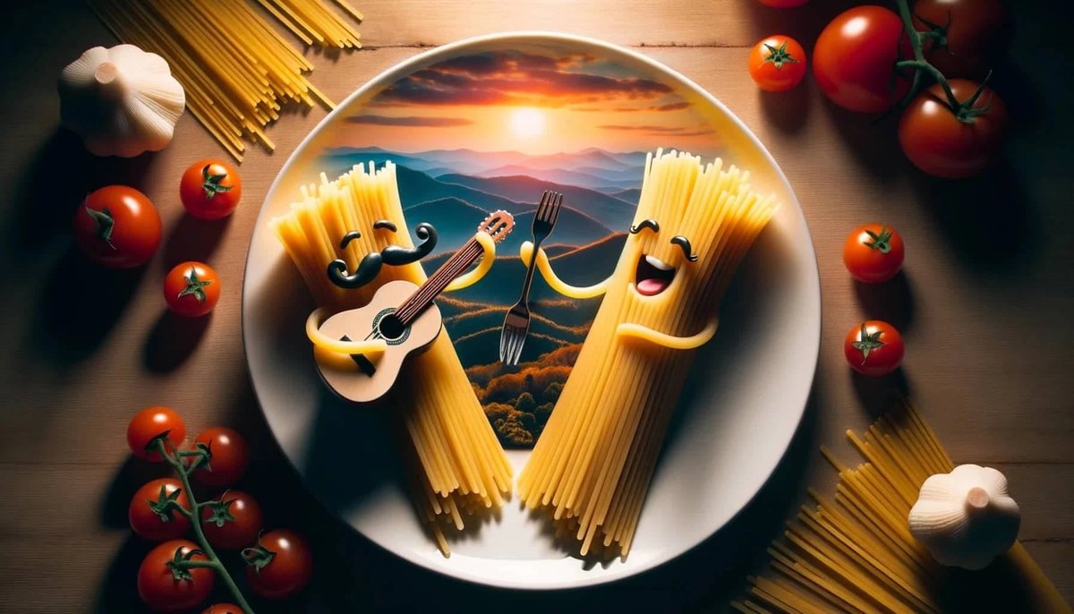 🍝🎨 Behold the culinary masterpiece! This AI-generated art takes spaghetti to a whole new level. Watch as a twirled mustache noodle serenades another using a fork as a guitar. The creativity of AI knows no bounds! 😍✨ #AIart #SpaghettiSerenade #FoodieCreations