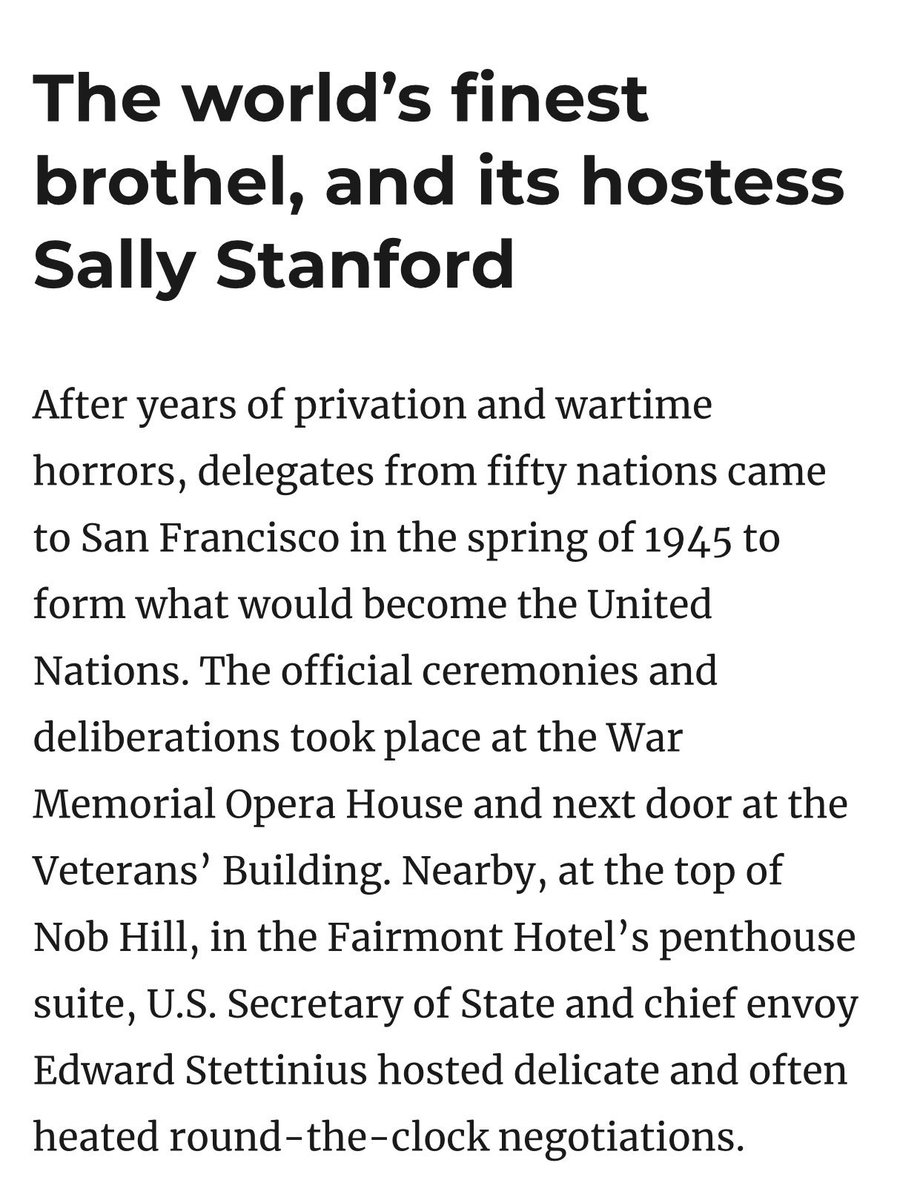 alk3aam's tweet image. هل تدين الأمم المتحدة إسرائيل بسبب قصف 
 #مستشفي_المعمداني؟

طبعًا لا .. ولماذا؟

لأن الأمم المتحدة تأسست في بيت "دعارة"

لأشهر قوادة في سان فرانسيسكو اسمها 
(سالي ستانفورد) Sally Stanford

الذي أجتمع ممثلون عن 50 دولة فيه وأعلنوا عن ميثاق الأمم المتحدة..

فعندما تسمع عن:

مجتمع