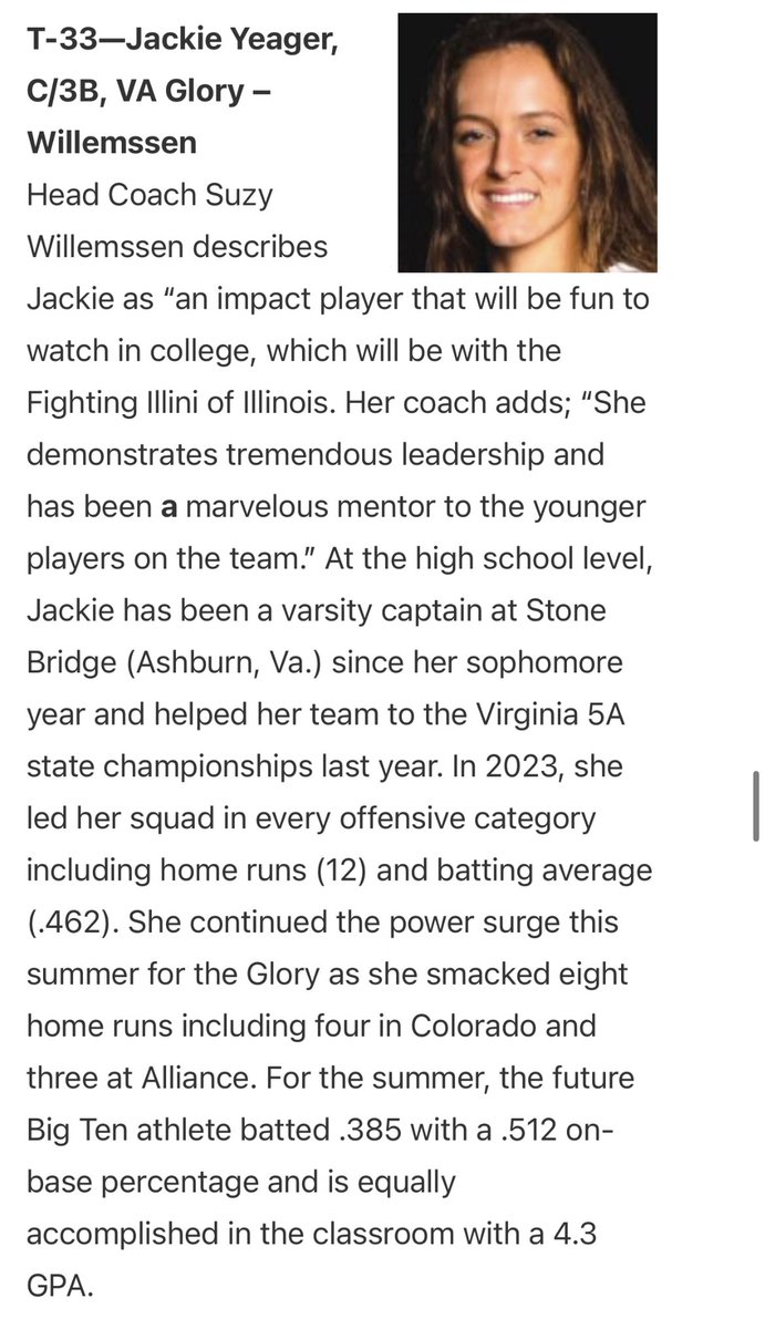 So blessed to have been ranked #33 by <a href="/ExtraInningSB/">EXTRA INNING SOFTBALL</a> in the Class of 2024!! Thank you for this amazing recognition and for everyone who has helped me get to this point!❤️‍🔥<a href="/CoachFeems_BCBA/">Feems</a> <a href="/SuzyWillemssen/">Suzy Willemssen</a> <a href="/kevinbednoski/">Kevin Bednoski</a> <a href="/smsherlund/">Shane Sherlund</a> <a href="/TyraPerry13/">Tyra Perry</a> @Ltrout07 <a href="/Coach_Veee/">Kirsten Verdun</a>