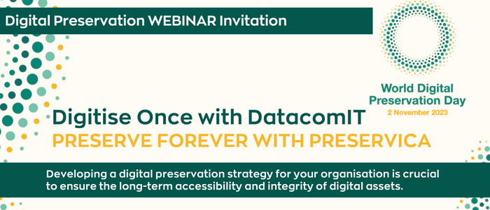 DatacomIT is hosting a #webinar to highlight the importance of developing a digital preservation strategy. WDPD serves as a reminder of the challenges  and significance of safeguarding digital assets and materials for future  generations.
Register - shorturl.at/aCQT8