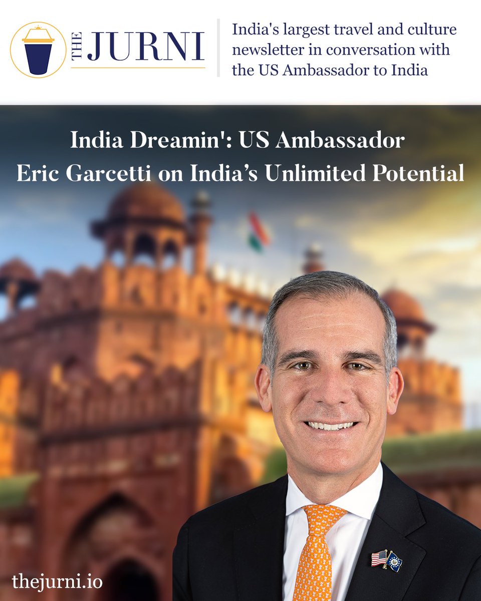 US Ambassador Eric Garcetti <a href="/USAndIndia/">U.S. Embassy India</a> in an interview with India’s largest travel &amp; culture newsletter, The Jurni (thejurni.io), bets on India’s rising generation

Read the full conversation here: thejurni.io/post/India-Dre…

<a href="/USAndIndia/">U.S. Embassy India</a> #USIndiaDosti #India #US 🇮🇳🇺🇸