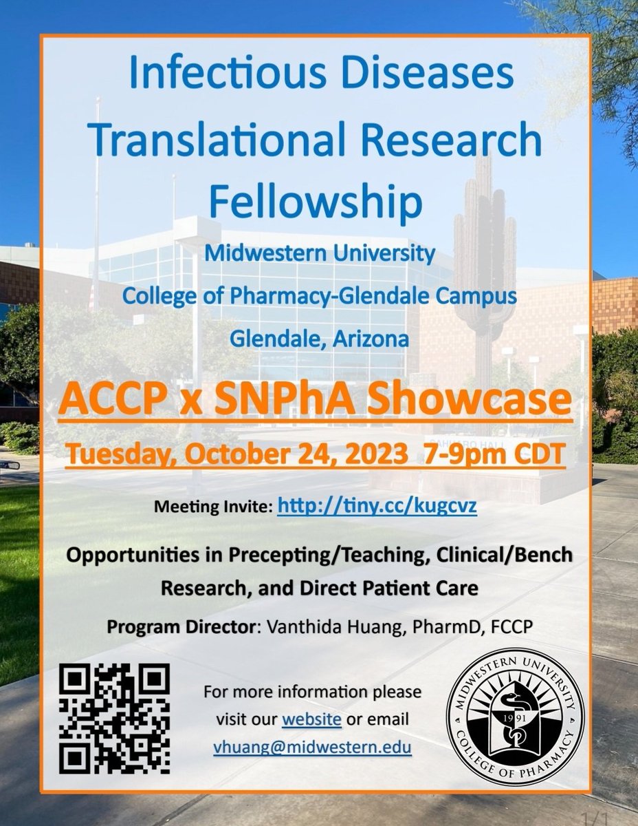 Svolker88's tweet photo. Looking for an ID fellowship? Come talk to us at the SNPhA x ACCP Residency and Fellowship Showcase! #pharmres #TwitterX #pharmacyfellowship #ACCP https://t.co/VQIY01npMw