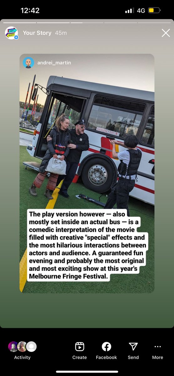 actreacttheatre's tweet image. Lovely Insta stories from a punter about “Speed: The Movie, The Play”! Our @melbournefringe season is virtually sold out! Coming next month to Wynnum Fringe in Brisbane. wynnumfringe.com/events/speed/