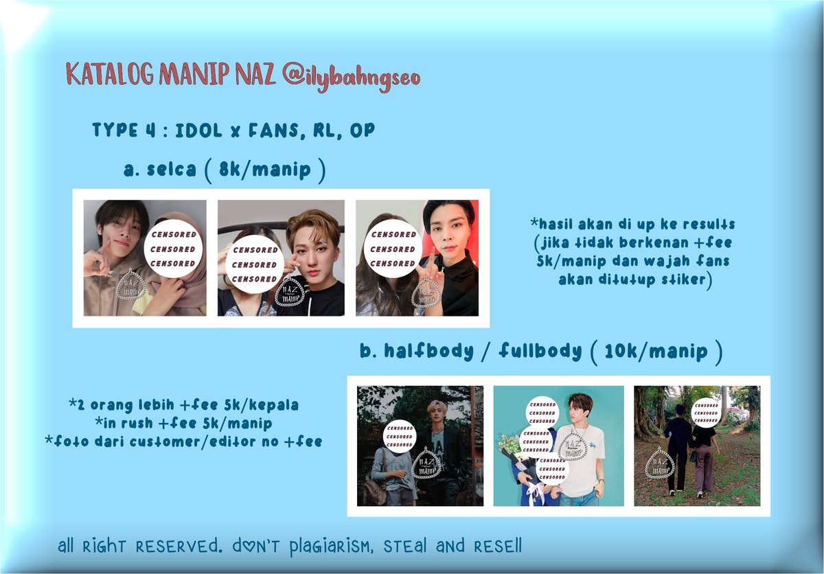 #zonauang #zonajajan

— open commiss edit foto, pas foto, ganti background, manips mensive rp/birthday gift, hd/filter foto

— mau hasil manip in rush? bisa banget!

• payment : e-wallet &amp; qris
• mention after dm or chat wa 💕
wa.me/6285724447096