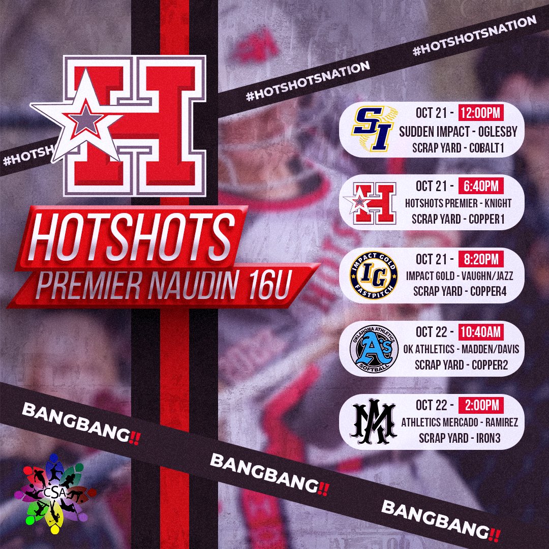 Hotshots Naudin (@hotshotsnaudin) on Twitter photo Here’s our schedule for this weekend! Follow us on Twitter, Gamechanger, and YouTube for updates.
<a href="/CSA_Athletes/">Collegiate Sports Advocate (CSA)</a> <a href="/ednaudin/">Ed Naudin</a> <a href="/hotshotsnation/">Hotshots Fastpitch</a> <a href="/HotshNDNatVil07/">Hotshots Naudin 18u National Villegas</a> <a href="/HotshNDPrmVil/">Hotshots Naudin 16u Premier Villegas</a>
#BangBang #HotshotsNation #TeamCSA Here’s our schedule for this weekend! Follow us on Twitter, Gamechanger, and YouTube for updates.
<a href="/CSA_Athletes/">Collegiate Sports Advocate (CSA)</a> <a href="/ednaudin/">Ed Naudin</a> <a href="/hotshotsnation/">Hotshots Fastpitch</a> <a href="/HotshNDNatVil07/">Hotshots Naudin 18u National Villegas</a> <a href="/HotshNDPrmVil/">Hotshots Naudin 16u Premier Villegas</a>
#BangBang #HotshotsNation #TeamCSA