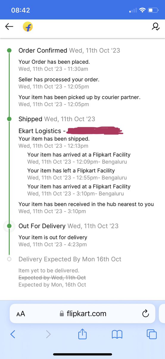 animish_m's tweet photo. Ordered phone frm flipkart on 11 Oct with same day delivery. Has not been delivered even after a week
Flipkart customer service sounds like broken record and has no clue where the order is
Order status is out for delivery in Bangalore since 11 Oct

#flipkartfraud
#whereismyphone https://t.co/dEEHlUWjvg