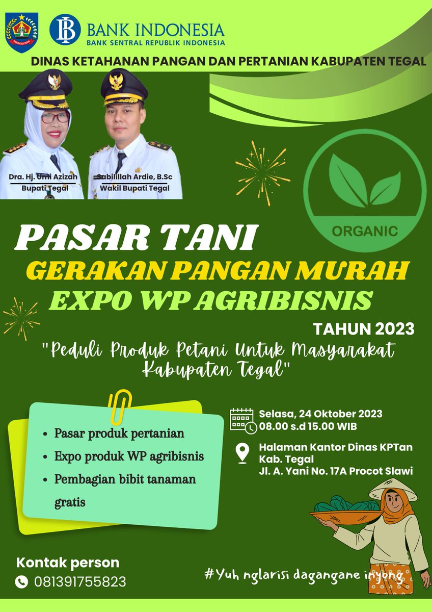 Yuh sedulur, jangan lupa di tanggal 24 Oktober nanti akan ada kolaborasi acara Pasar Tani, Gerakan Pangan Murah, dan Expo Wirausaha Pemuda Agribisnis di halaman Dinas KPTAN.