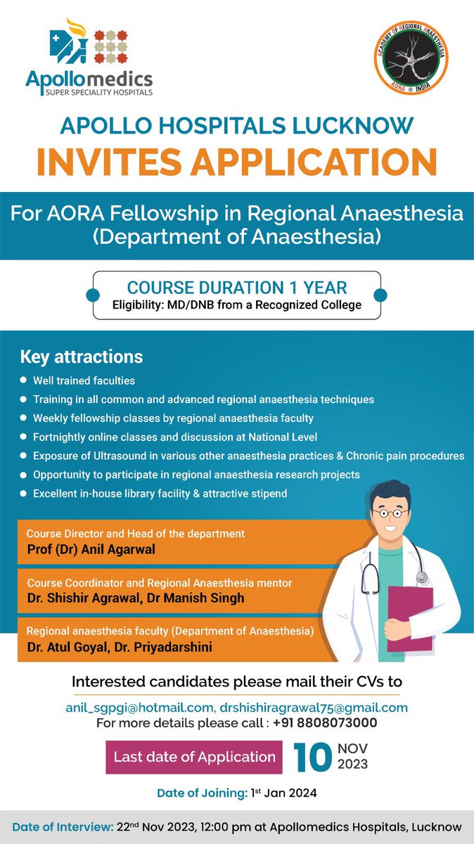 Inviting applications for AORA fellowship. This will be golden opportunity to develop regional anaesthesia skills.