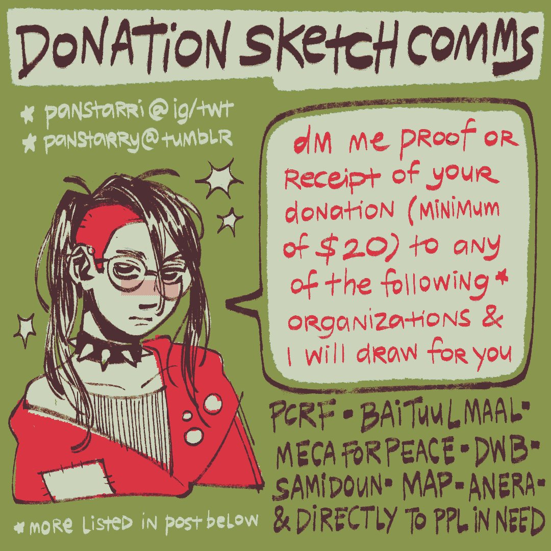 panstarri's tweet image. ‼️ DONATION SKETCH COMMISSIONS OPEN ‼️

hello! i&apos;m xin and i&apos;m opening comms to support  organizations in palestine right now — i will draw for you if you dm me proof / receipt of your donation (minimum of $20) to any of the groups listed here (as well as in the thread below)