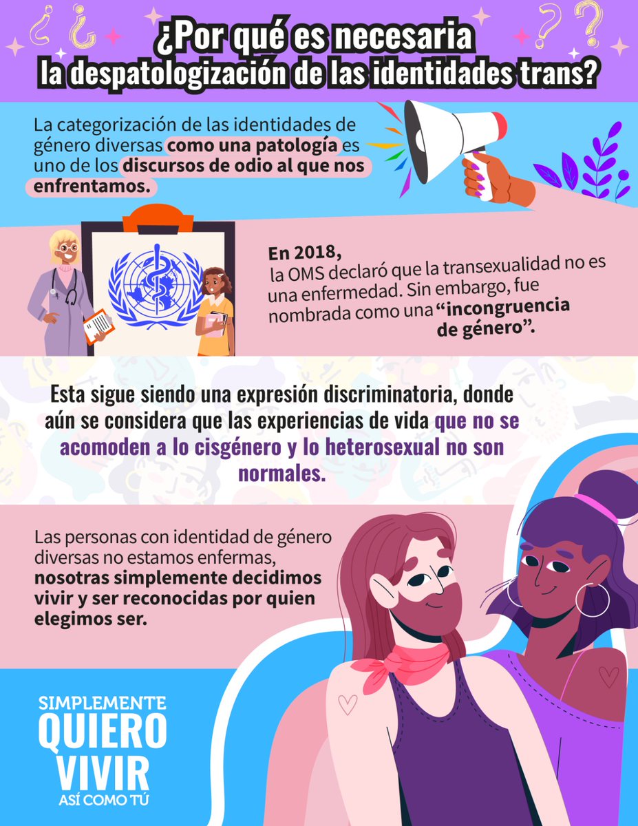 ¡Debemos romper con los estigmas y prejuicios que rodean a las personas trans!

🌈💙 La transexualidad no es una enfermedad, es una expresión válida de la diversidad humana 💪🤝

Conoce más en inclusivetrans.org