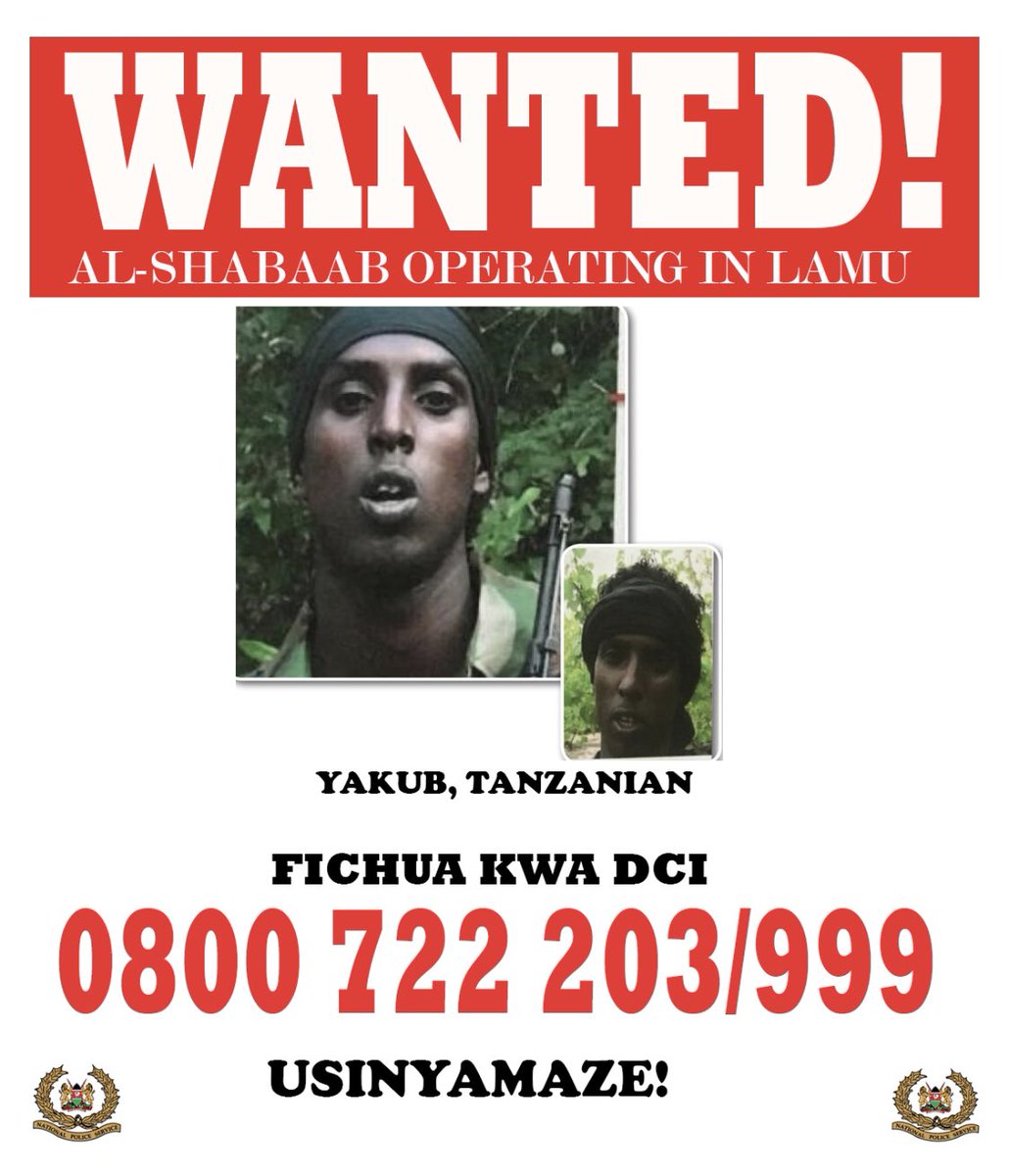 DCI_Kenya's tweet photo. WANTED TERROR SUSPECTS

A substantial reward will be offered to anyone with information regarding the whereabouts of any of the suspects whose images appear below. #Fichuakwadci 0800722203 https://t.co/vPH9M5POFT