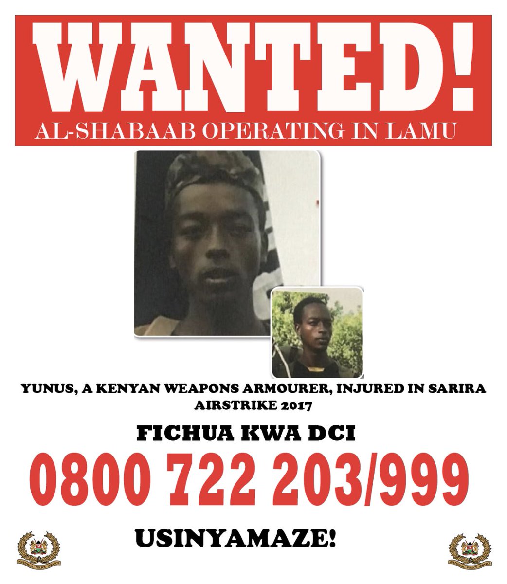 DCI_Kenya's tweet photo. WANTED TERROR SUSPECTS

A substantial reward will be offered to anyone with information regarding the whereabouts of any of the suspects whose images appear below. #Fichuakwadci 0800722203 https://t.co/vPH9M5POFT