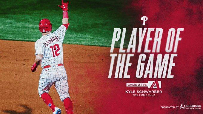 Player of the Game graphic presented by Nemours Children's Health. The player of the game for Game 2 of the National League Championship Series vs. the Arizona Diamondbacks is Kyle Schwarber. He hit two home runs. On the left is a photo of him holding up the love sign with his right hand while rounding the bases in the red pinstripes Phillies uniform.