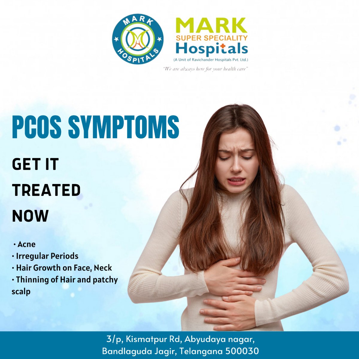 Ladies, it's time to reclaim your health! 💁‍♀️

Polycystic Ovary Syndrome (PCOS) can bring various discomforts like irregular periods, hormonal imbalances, and fertility issues. 
#MarkSuperSpecialtyHospital #PCOS #WomensHealth #HealthCareForHer #FertilityCare #ExpertCare #findapro