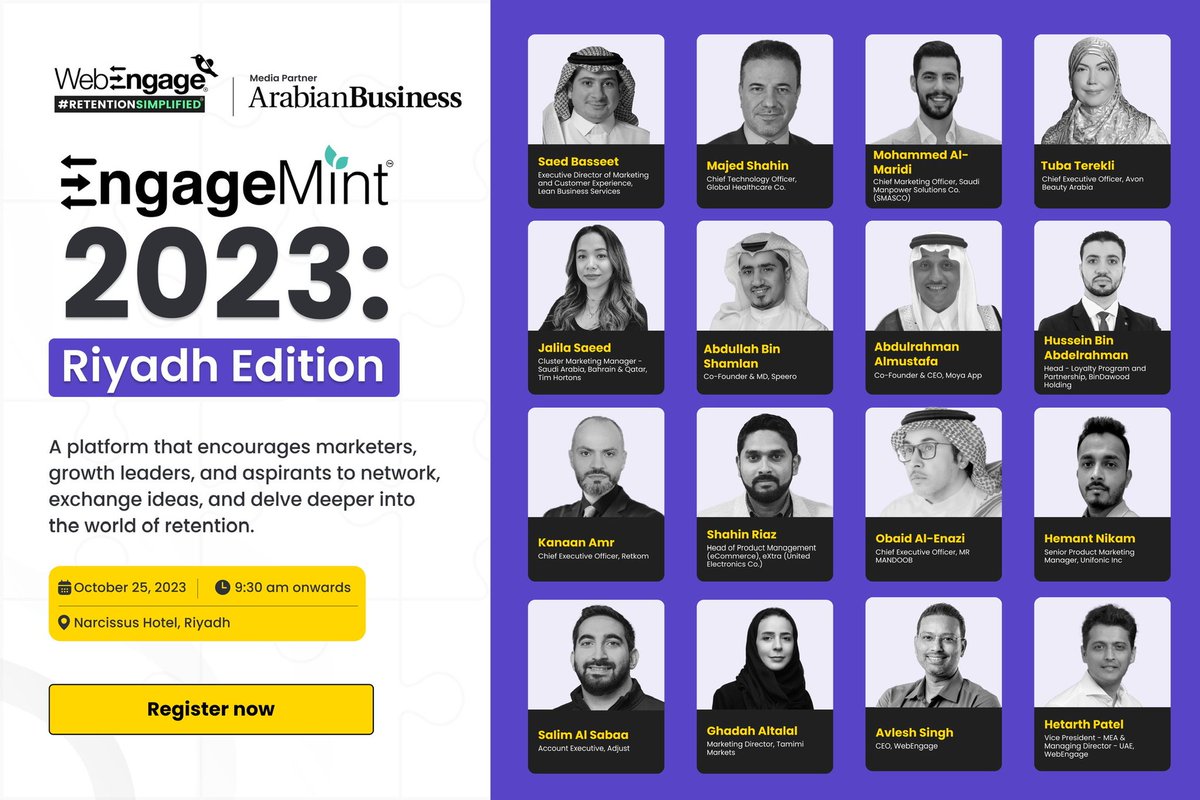 avlesh's tweet image. The #EngageMint fever has reached Riyadh! Are you ready for EM style intense sessions, workshops, and entertainment?

I&apos;ll be there to cheer for our retention heroes in the KSA region.

This is where you gotta be on the 25th of Oct. Register here - webengage.com/engagemint-riy…