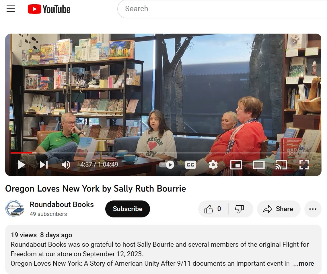 FlightYork's tweet photo. Fantastic @roundabout_bks in #BendOregon released its video of our #book event! LtoR: Martin Fisher, @SallyBourrie Kerri Rossi, JoAnn Dewey. @Sept11Memorial #NYC #oregon @Sept11PMFund #Peace #love #ComeTogether #healthedivide #BooksWorthReading #Courage 
https://t.co/Gxxd0Rrx7G https://t.co/67DF4bfdTL