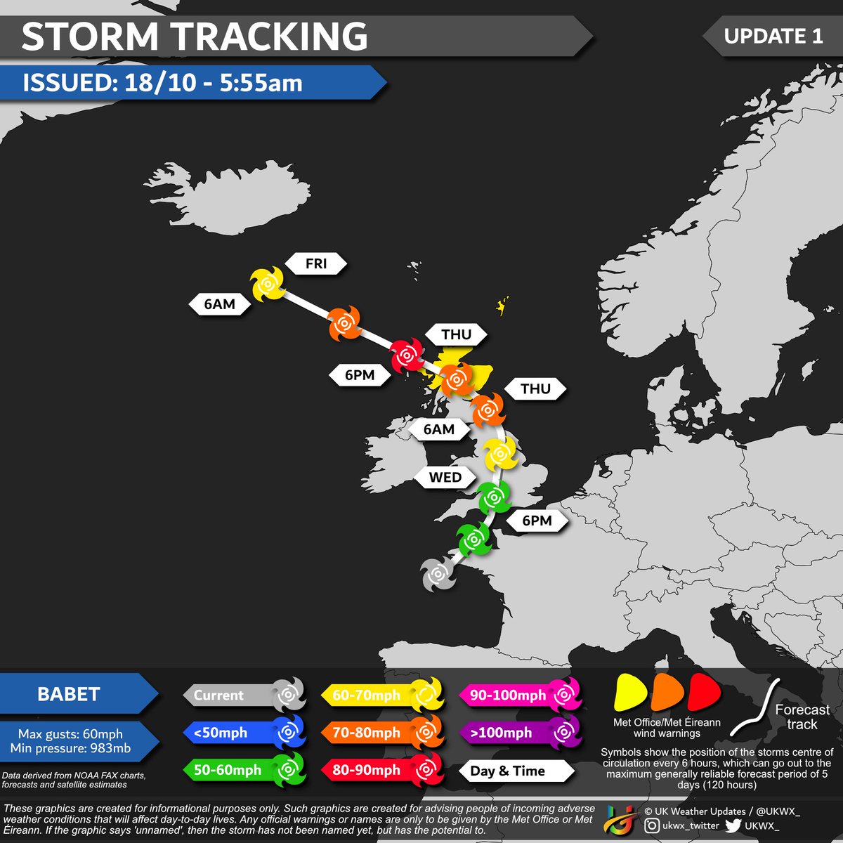 UKWX_'s tweet photo. Storm Tracking - #stormBabet

[UPDATE 1] Storm Babet's impacts from wind are not going to be substantial, but some very strong wind gusts will occur out at sea &amp; NE parts of Scotland, with inland gusts of 60-70mph possible for a time. Rain is the biggest impact from this storm. https://t.co/iBcFECV3AS