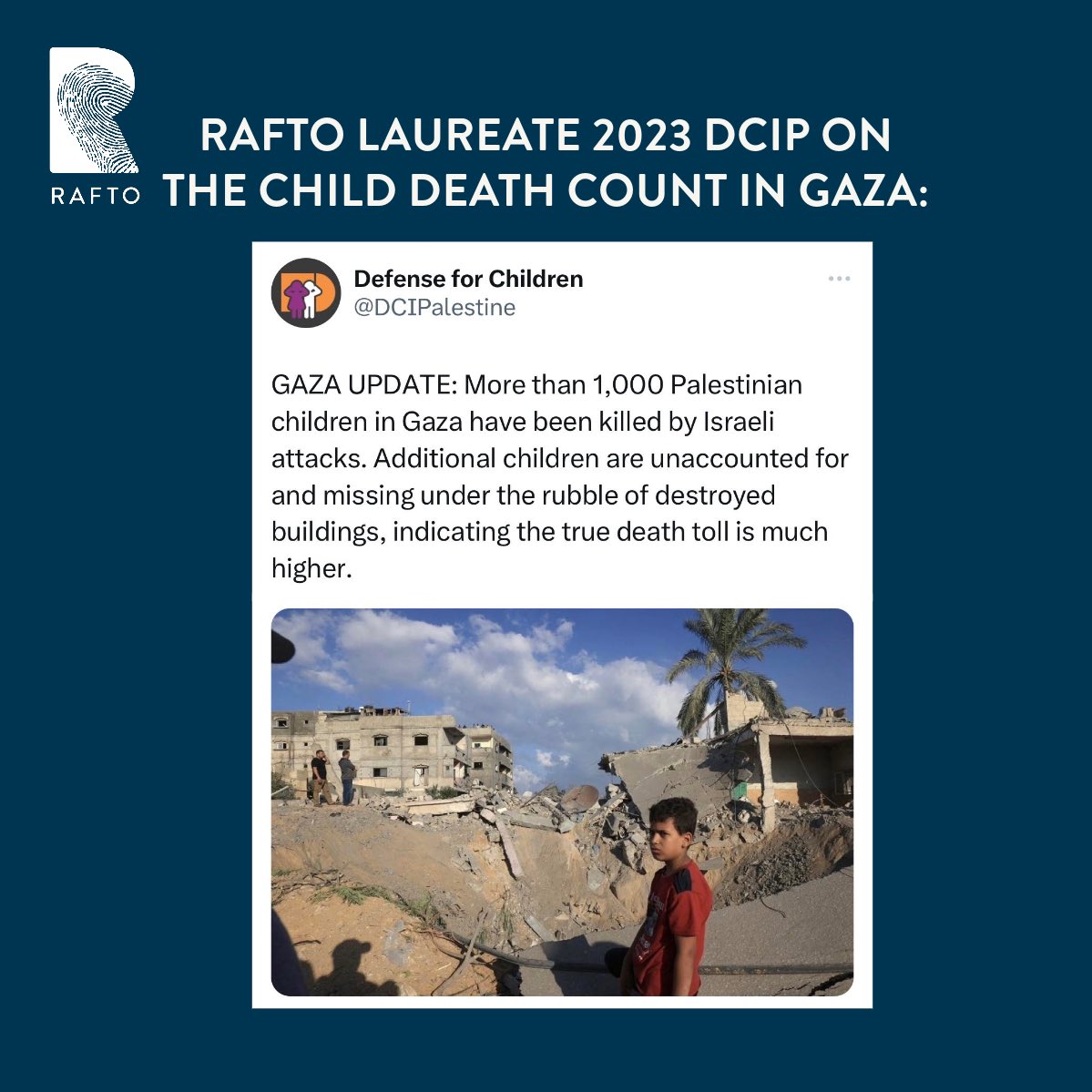 We call on states to urge for immediate ceasefire. We are witnessing large scale war crimes on civilians in Gaza and on the West Bank. Rafto laureate <a href="/DCIPalestine/">Defense for Children</a> reports more than 1000 Palestinian children killed by Israeli attacks. Those are the ones accounted for so far.
