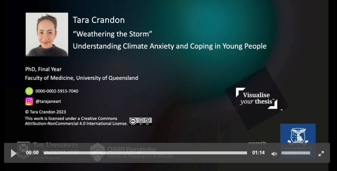 🥉3rd Place in Visualise Your Thesis International 2023 is Tara Crandon for “Weathering the Storm”: Understanding Climate Anxiety and Coping in Young People, UQ @UQ_News @UQ_Library @tarajaneart 📽️bit.ly/3Q0B8av #VYT2023 #eResAU2023 @digitalsci @figshare @AeRO_eREsearch